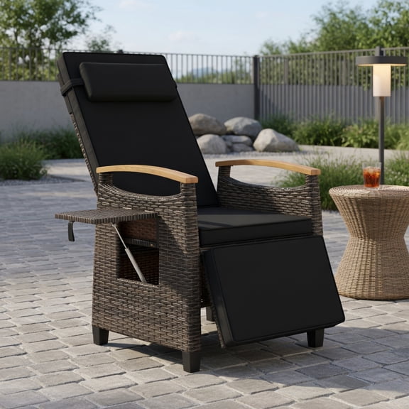 Yardi Yard Patio Wicker Recliner Chair, Chaise Lounge with Adjustable Backrest and Footrest for Outdoor as Yard, Black
