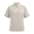 thumbnail image 6 of LEKODE Women Stand Split Collar Short Sleeve Blouse, Elegant Solid Color Work Office Casual Dress Shirt Top Basic Tees Boho Summer Tops Beige L, 6 of 6