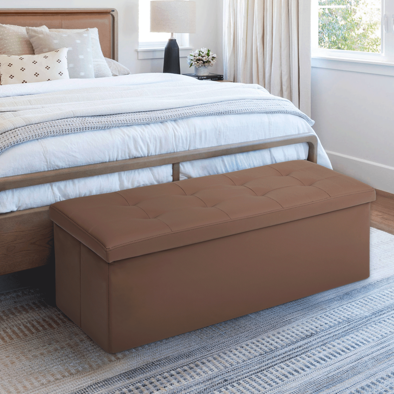 MoNiBloom 43" Collapsible Ottoman with Storage, PU Leather Storage Ottoman Bench, Modern Storage Footstool for Living Room Bedroom Entryway, Brown