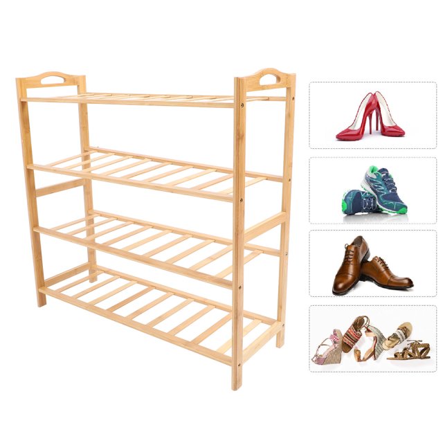 Wooden Shoe Rack, 4 Tier Wood Shoe Organizer Elegant Standing for Living Room