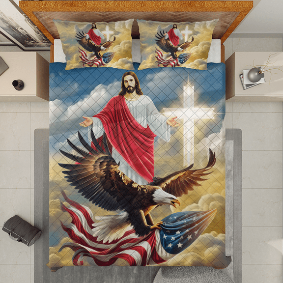 Lotusprinthandmade Jesus America Eagle Quilt Bedding Set (White Binding) 5 Sizes (Made in Vietnam) (55x60), Patriotic Jesus And Eagle Quilt, America Flag And Eagle Quilt Bedspread