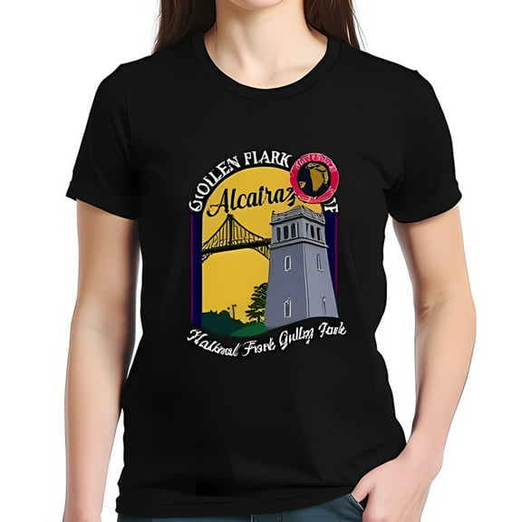Stylized Graphic Black Cotton T-Shirt with Alcatraz Isl Golden Gate Bridge Design - Vintage Travel Aesthetic
