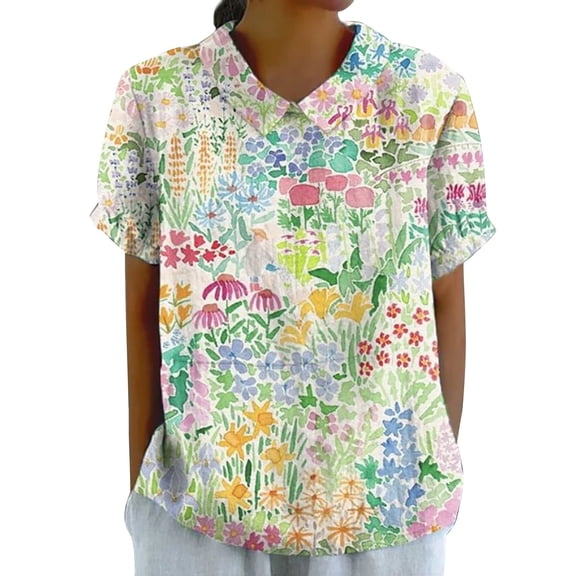 Womens Shirts Linen Floral Lapel Button Loose Summer Tshirts Shirts for Women Multicolor L