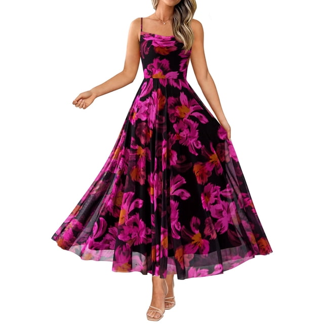 Vestido largo floral BTFBM con tirantes finos, negro con rosa - L