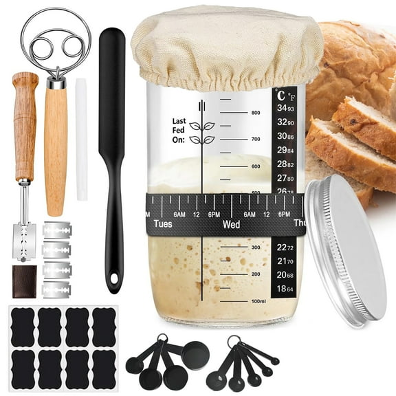 Smasener 11 Pcs Sourdough Starter Jar Kit - 34oz Wide Mouth Glass Sourdough Jar, Complete Sourdough Bread Starter Kit, Bread Baking Accessories, Sourdough Bread Baking Supplies