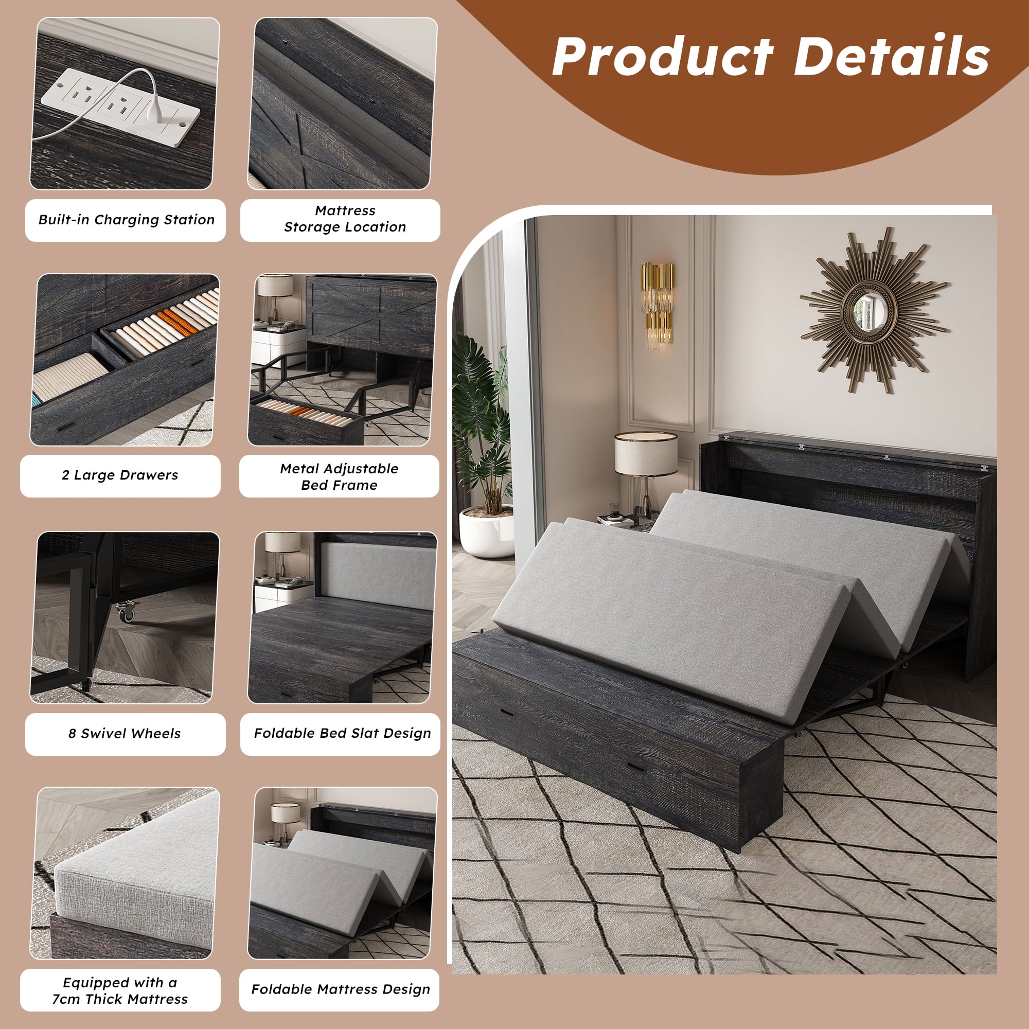 Mintazer Full Murphy Bed with 2.8" Mattress & Charging Station, Foldable Cabinet Bed with Storage Drawers for Bedroom Guest Room&nbsp;Living Room, Black