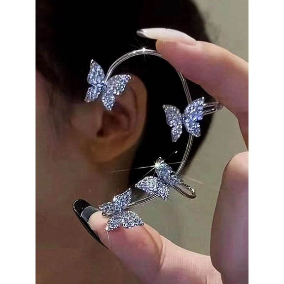 Silver Butterfly Sparkling Ear Cuff Climber Earring For Women