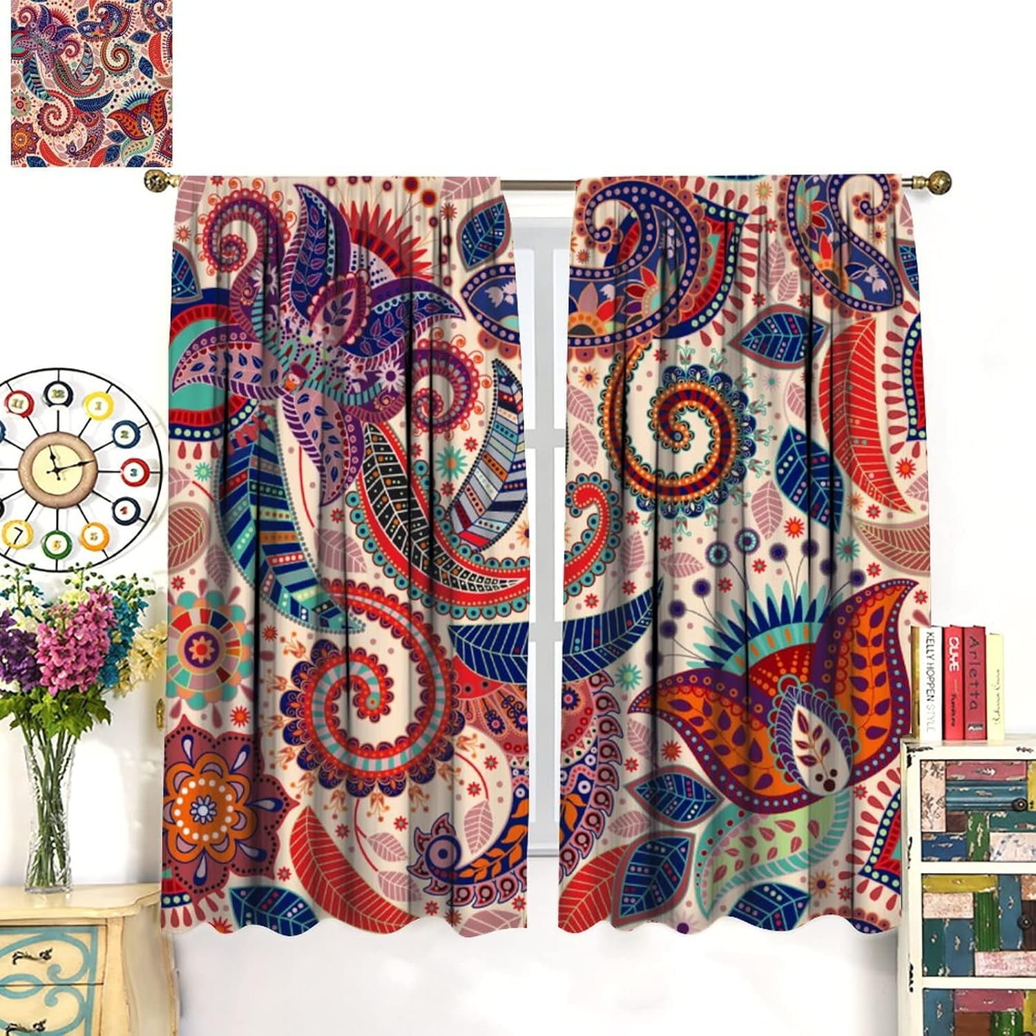 Boho Decorative Curtains Bedroom Living Room Rod Pocket Curtains, Vintage Boho Grill Floral Pattern 2 Panel Set, 42X84x2 in.
