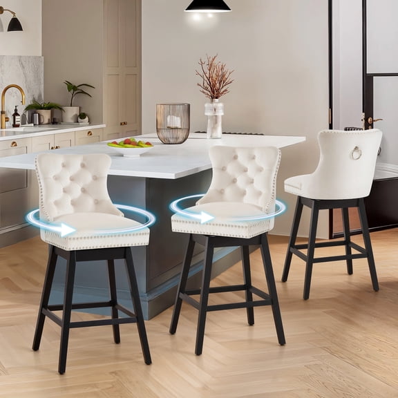 TEWLOSS Counter Height Bar Stools Set of 3 Swivel 26" Velvet Barstools for Kitchen Island, Beige