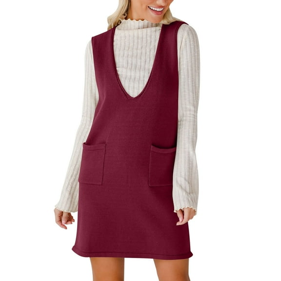 Women’s Sweater Vest Dress V Neck Sleeveless Knit Pullover Pinafore Mini Dress With Pockets