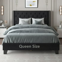 Nathaniel Home, Queen Bed Frames Upgrade, Linen Upholstered Platform Bed, Diamond Beds Frame for Bedroom, with Fabric Button Tufted Headboard, Black