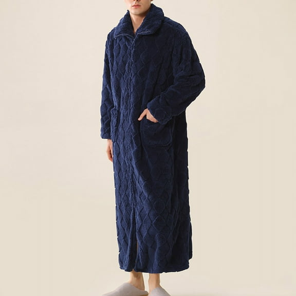 Mens Flannel Robes with Pockets Zip Up Long Sleeve Fleece Bathrobes Casual Solid Color Thermal Warm Long-Length Loungewear Pajamas Bath Robe