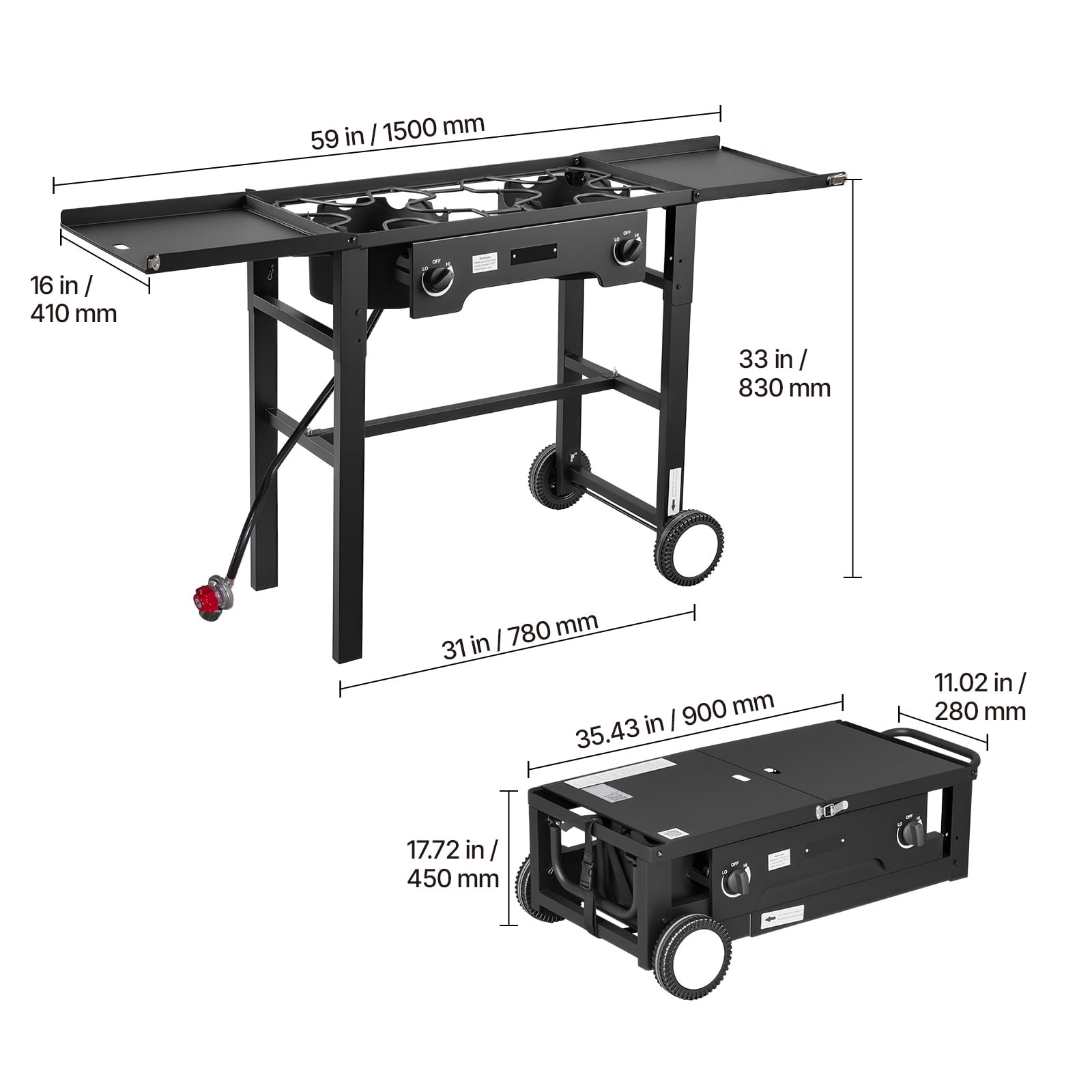 KFFKFF 2-Burner Outdoor Propane Gas Stove, 150,000 BTU LPG Camping Cooker, Foldable Heavy-Duty Carbon Steel Design with Wheels, Shield, and 20 PSI Regulator, Ideal for BBQs, Camping,and Patio Cooking
