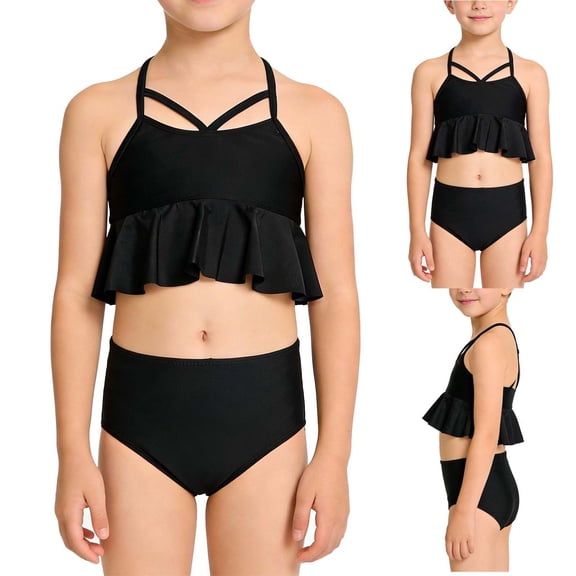 Sentuca Toddler Girls Tankini Swimsuit 2 Piece Bathing Suit Contrast Trim Ruched Kids Swimwear for 2-12Y