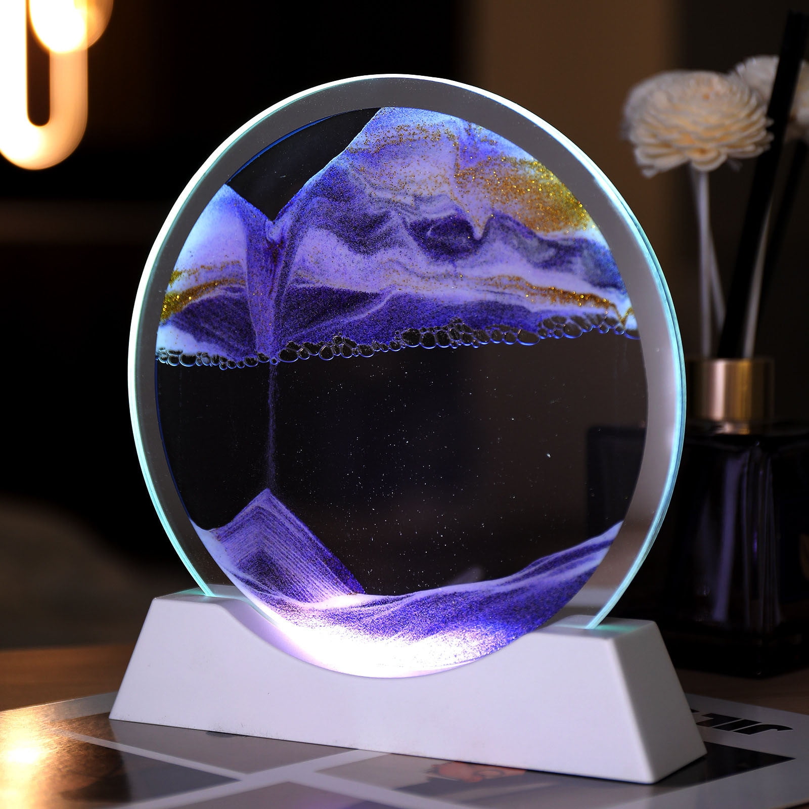 Wuztai Moving Sand Art Picture 29.8cm Round with LED Lamp for Home Decoration, Relaxing Liquid Motion Display, Therapeutic Sandscape