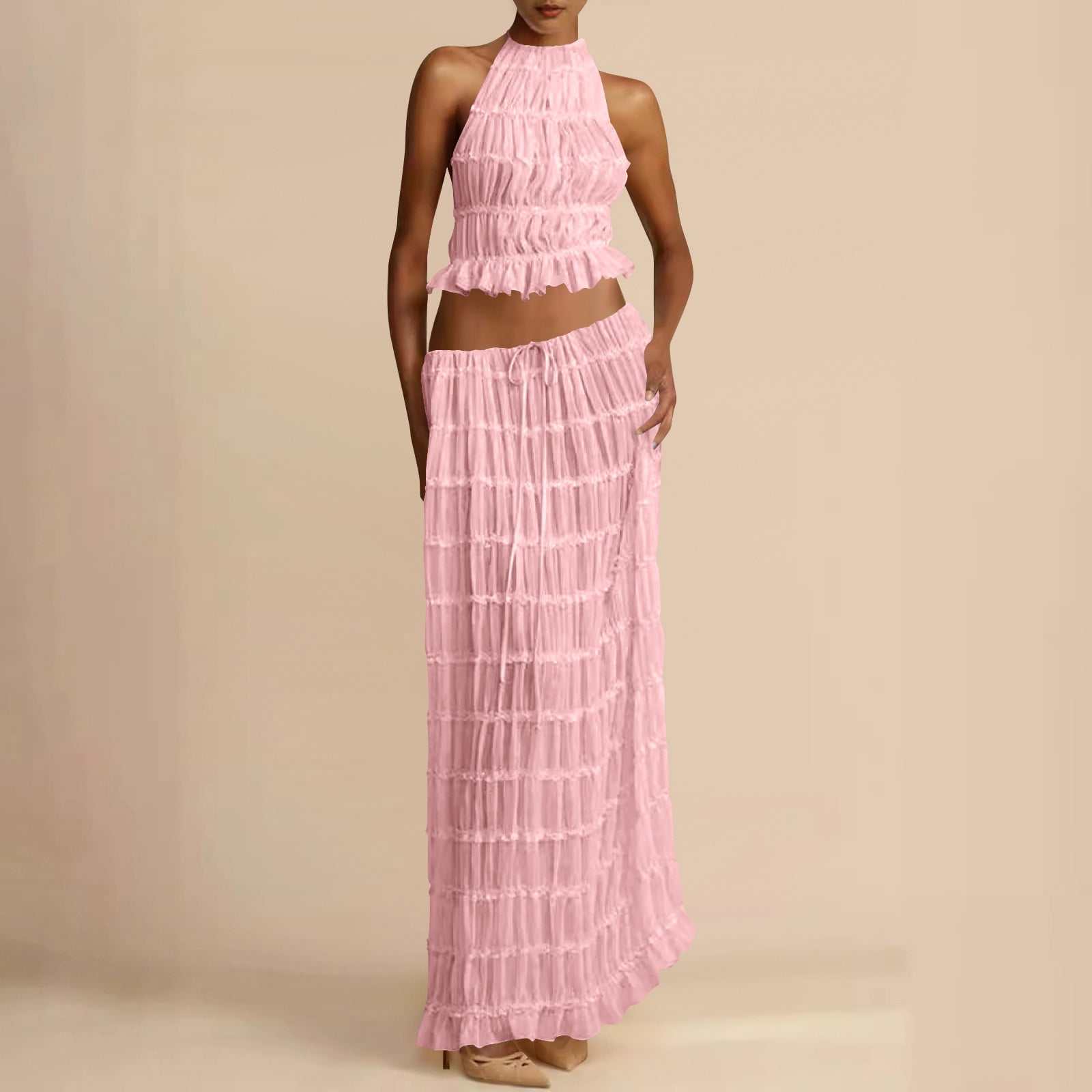 Womens Y2k Skirt Set Backless Lace Halter Crop Top and Long Skirt Sets Beach Cocktail Club Dress Fashion Outfit