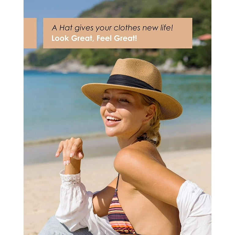 Panama Hat Sun Hats for Women Men Wide Brim Fedora Straw Beach Hat UV UPF  50- Khaki Brown- M 