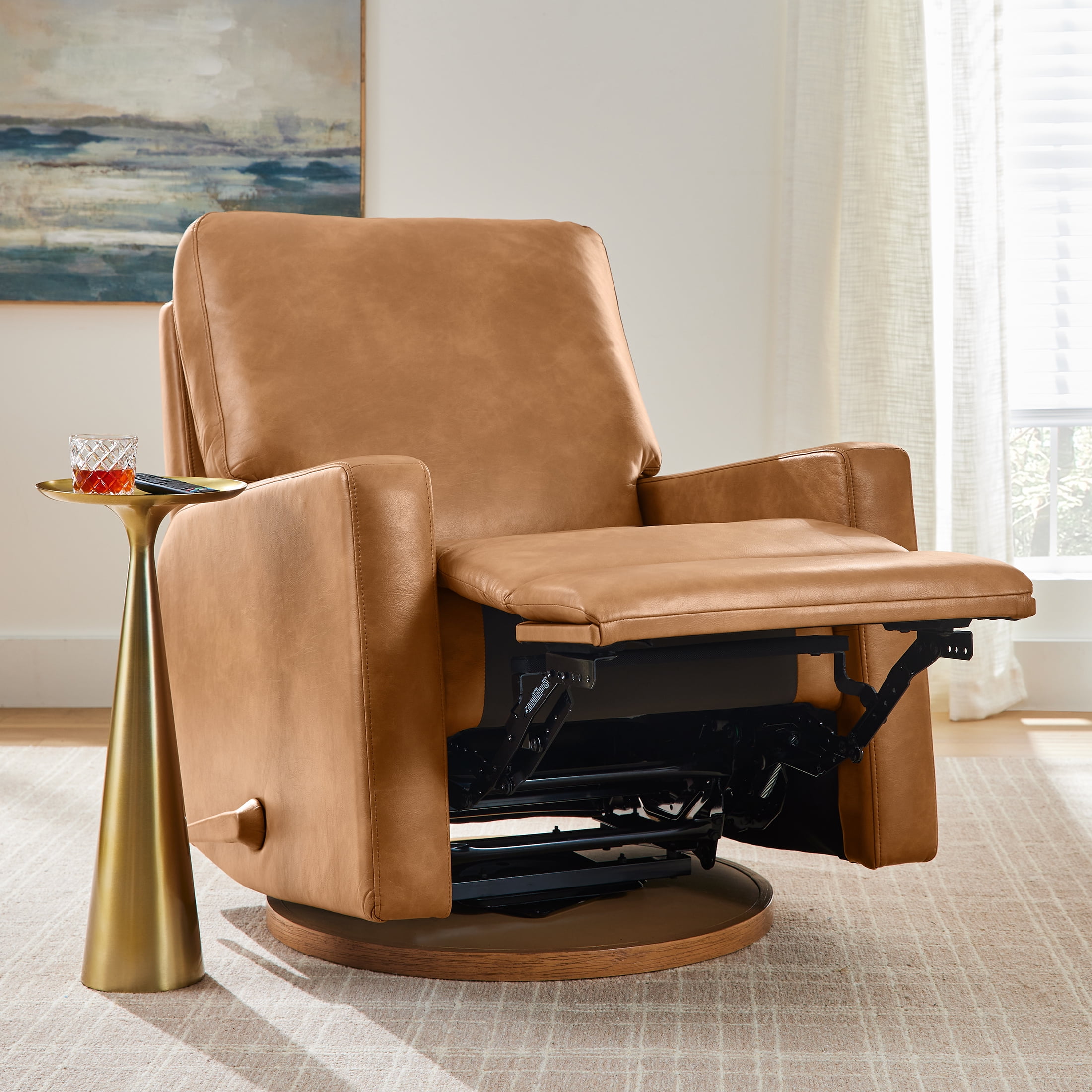 Better Homes & Gardens Modern Farmhouse Swivel Glider Recliner, Camel Faux Leather