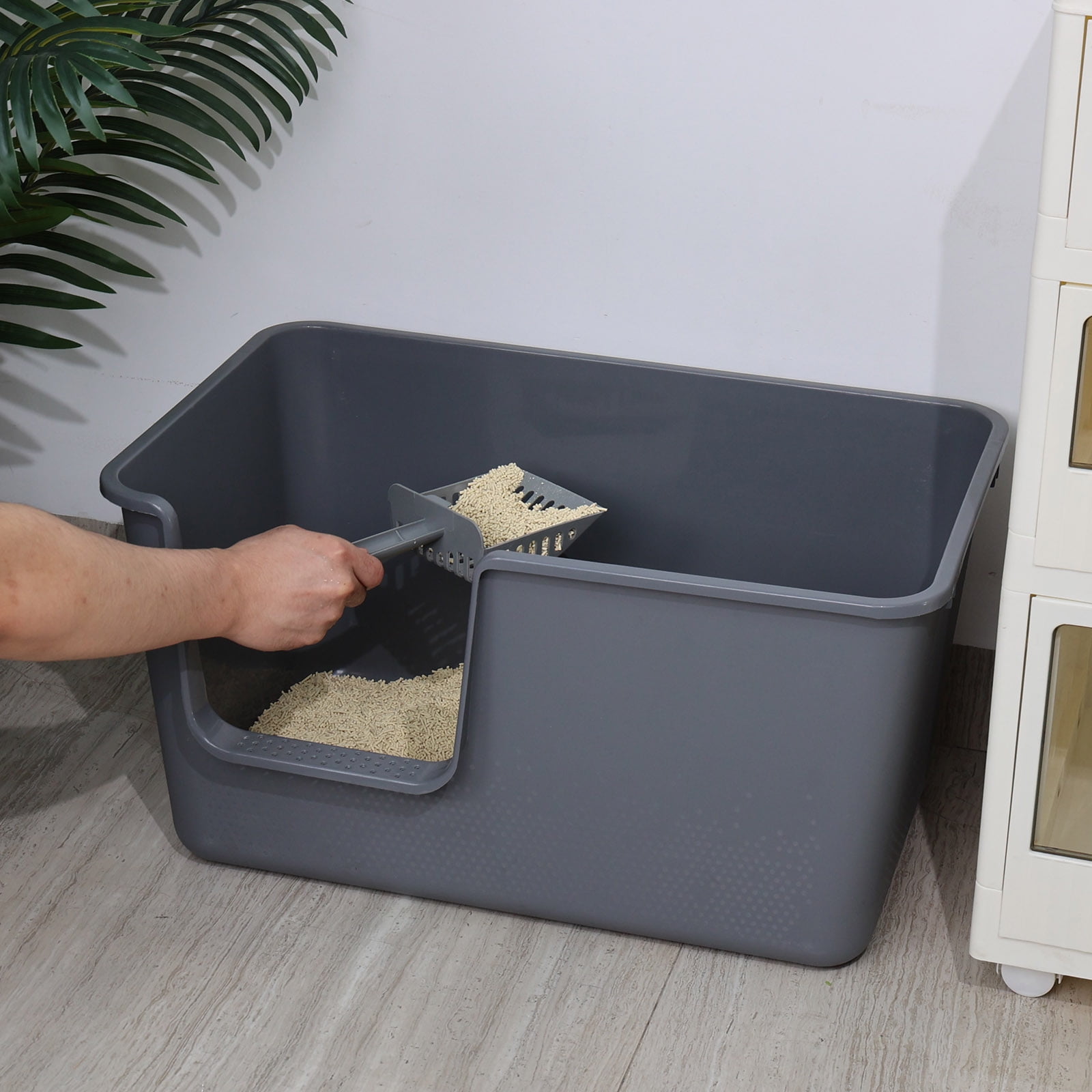 Ionoloy 2 Pack High Side Plastic Cat Litter Basin, Extra Large Litter Box with Scoop, Grey