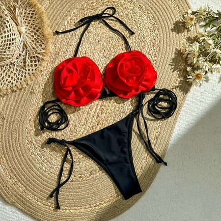 Guiexla 2 Pcs/Set Bikini Set 3D Rose Decor Halter Neck Lace-up Soft Quick Dry Padded Wireless Beachwear Hot Spring Bathing Suit Summer Vacation Beach Swimsuit