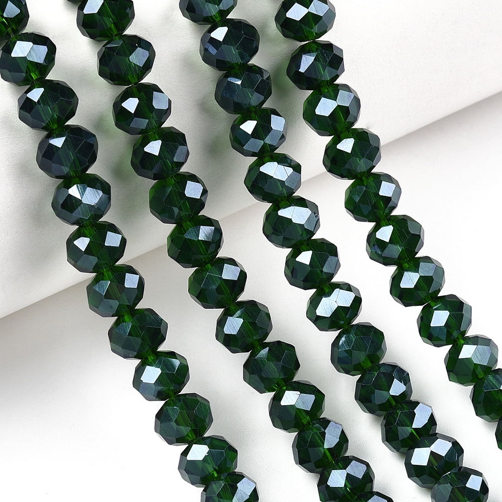 Electroplate Glass Beads Strands Pearl Luster Plated Faceted Rondelle Dark Green 10x8mm Hole: 1mm about 63~65pcs/strand 49~50cm