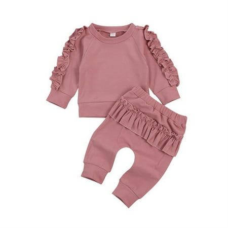 

Journey 2-Piece Set Kid Girl s Ruffle Pajamas Crew Neck Sweatshirt & Pants Solid Color(Pink 80cm)