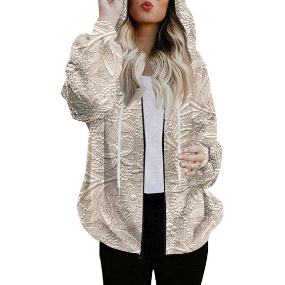 Women's Fashionable Casual Zippered Hooded Floral Printed Drawstring Furry Sweatshirt Jacket, Beautiful Flower Design,Beige,L