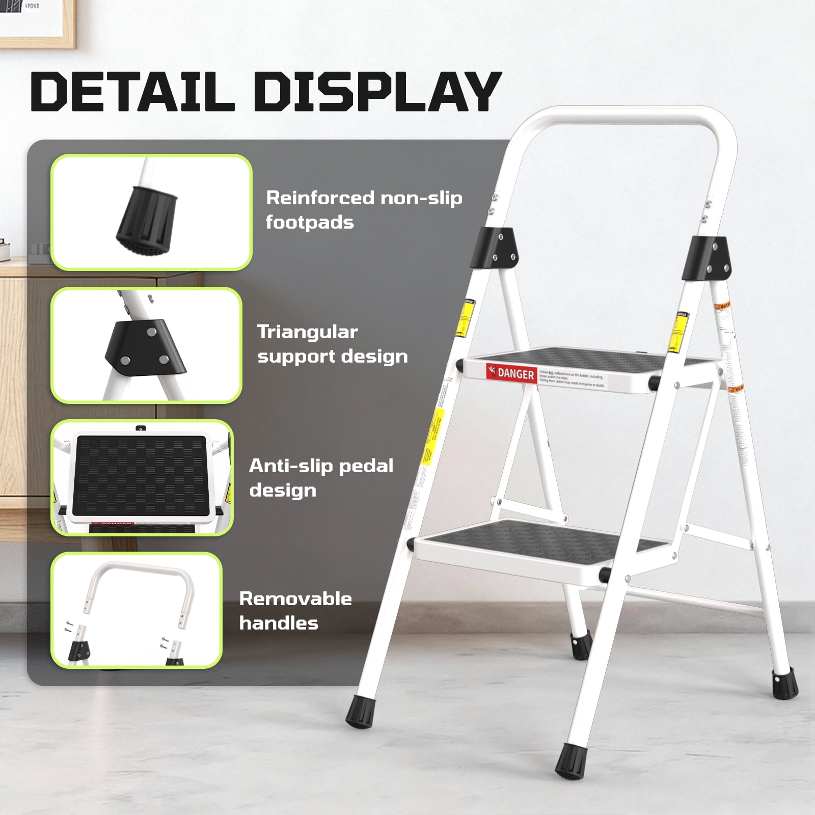 LevLad 2 Step Ladder, Folding Step Stool with Anti-Slip Pedal, Sturdy Steel Ladder, Convenient Handrail, Lightweight, Portable, White