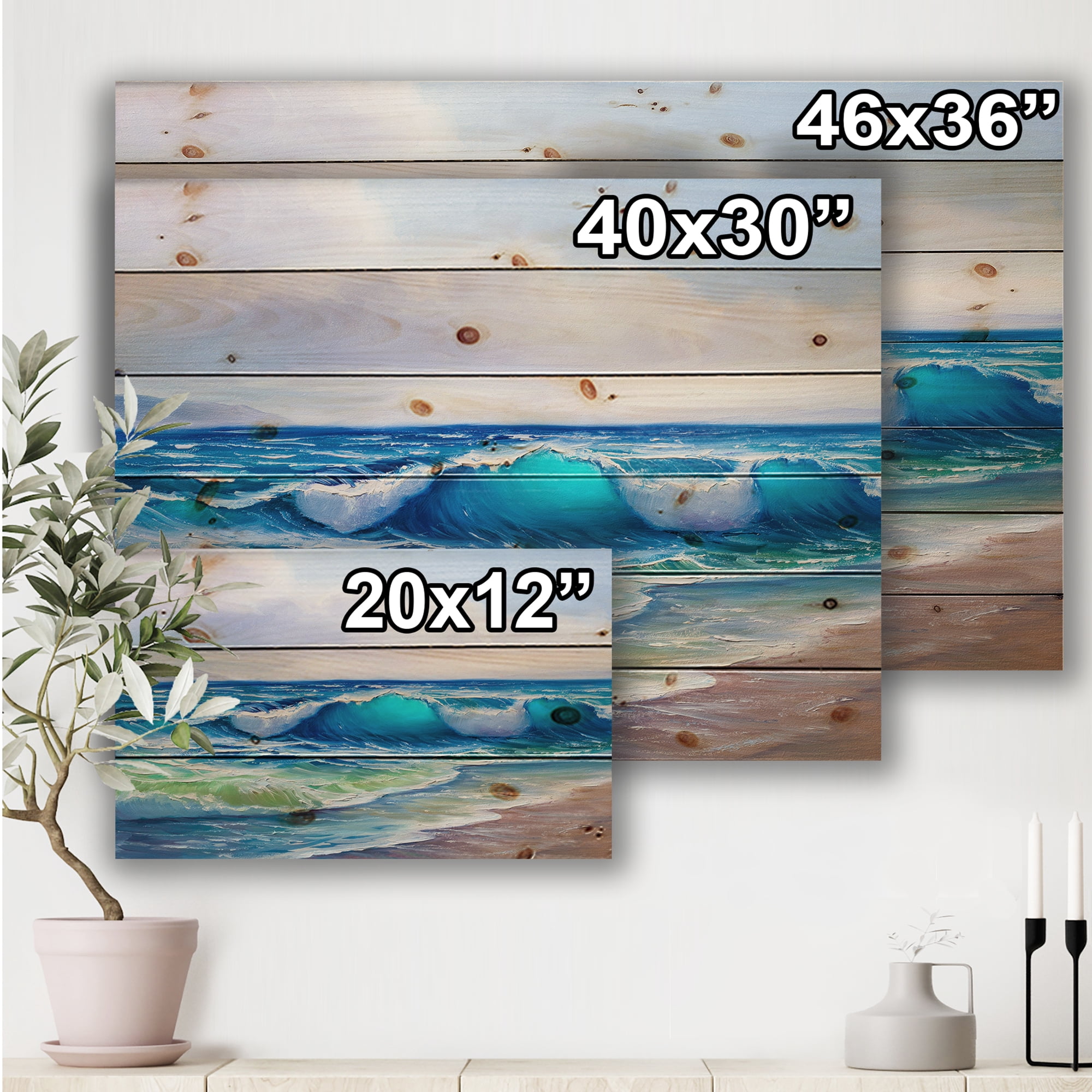 Designart 'Sunlight Catching A Wave With Seascape' Nautical & Coastal Print on Natural Pine Wood