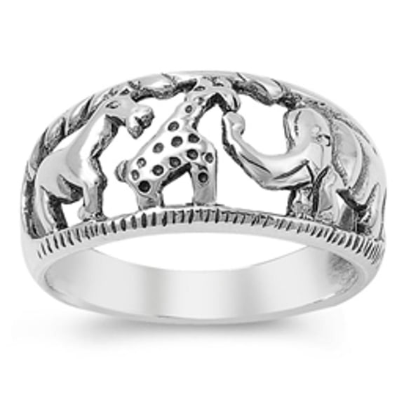 Elephant Giraffe African Animal Savanna Ring 925 Sterling Silver Band Jewelry Female Male Size 5