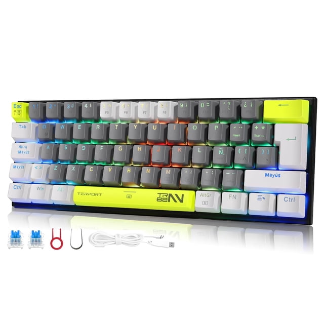TERPORT Teclado Mecánico RGB de Español de 62 Teclas, Teclado Gamer con Ñ y 20 RGB Retroiluminación, 60% Portátil Teclado Pequeño Comp