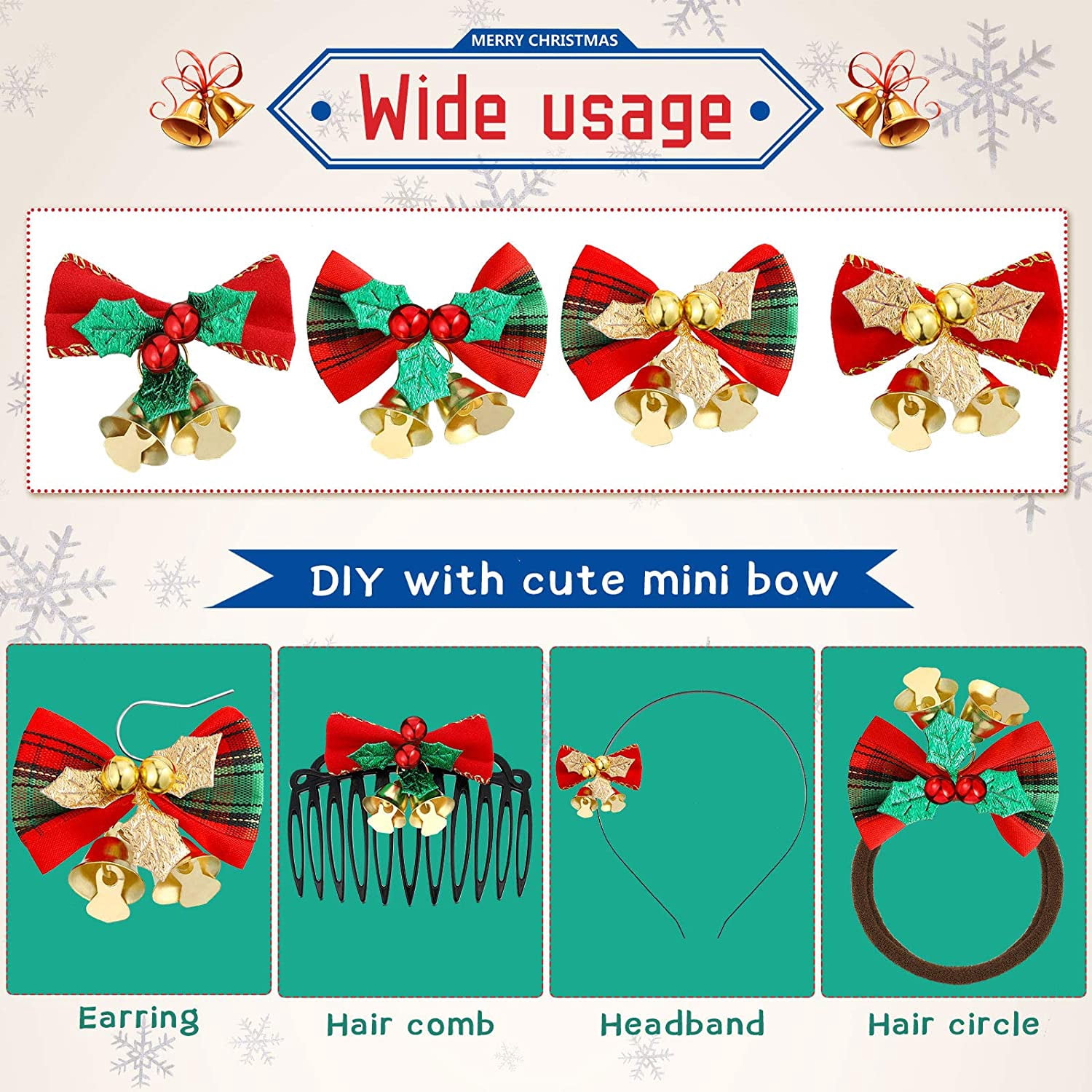 40PCS Christmas Bow with Bells for Crafts Christmas Mini Bowknot Ornament Craft Present Bow Christmas Tree Wreaths Hanging Decor