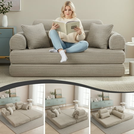 Convertible Sleeper Sofa Bed 78.5 Modern Futon Sofa Bed for Living Room Foldable Loveseat Sofa with Memory Foam Corduroy Floor Mattress Couch No Assembly Required (Light Grey)