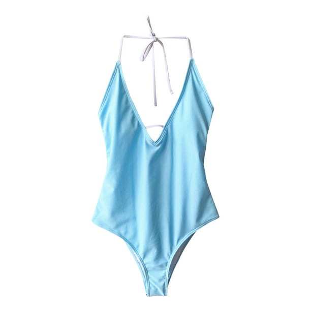 BEFOKA Swimming Suits for Women Fashion Sexy Ladies One-Piece V-Neck  Printing Bandage Swimsuit Swimwear Bikini Beachwear Sky Blue L