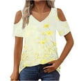 thumbnail image 2 of Cold Shoulder Tunic Tops for Women Graphic Prints V Neck Short Sleeve T-Shirts Loose Fit Summer Casual Blouses (XL, Yellow), 2 of 7