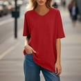 thumbnail image 4 of Tianiyouqing Plus Size Travel Shirts Women V Neck Short Sleeve Elbow Length Fall Going Out Loose Fit Tops Drop Shoulder Basic Cotton Yoga Long Tees Red XL, 4 of 4