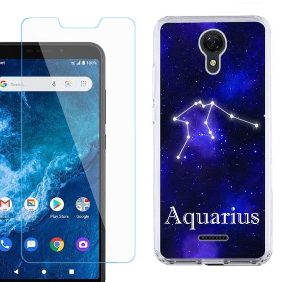 Slim-Fit Protective Phone Case compatible with Cricket Icon 2, with Tempered Glass Screen Protector, by OneToughShield ® - Zodiac / Aquarius