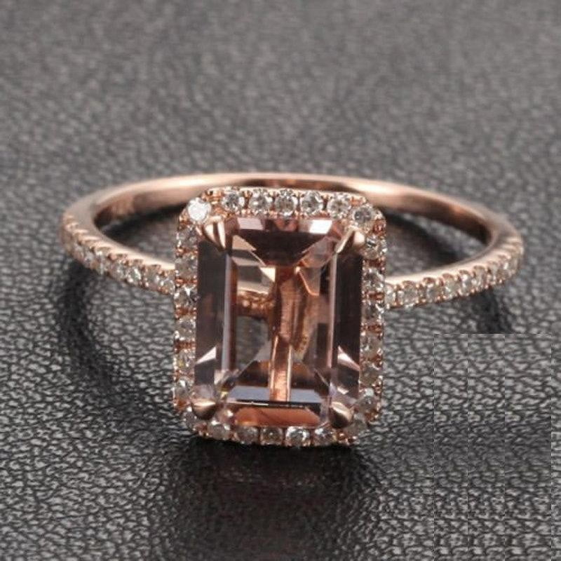 Limited Time Sale 1.50 Carat Peach Pink Morganite emerald cut Morganite and Diamond Engagement Ring in 10k Rose Gold