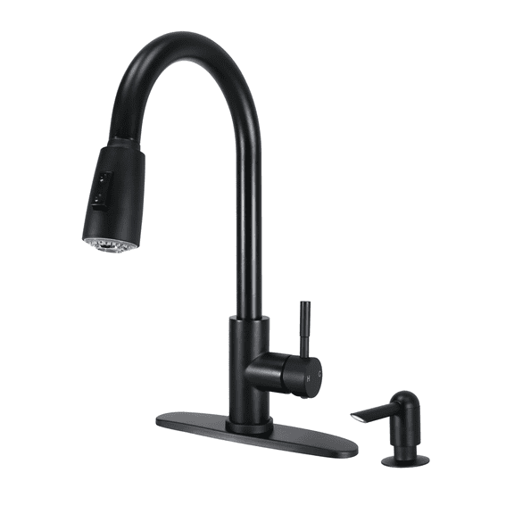Open Box Better Homes & Gardens BHF38101MBSD003 Elmont Pull Down Kitchen Faucet with Soap Dispenser, Matte Black