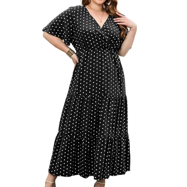Vestido A Media Pierna Falda informal para mujer con cuello en V de talla grande con estampado de lunares para fines de semana (negro 4XL) Ygjytge para Mujer Negro T M