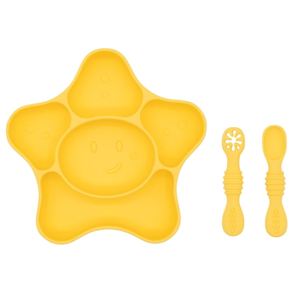 BabyX Silicone Feeding Set (3 PCs) Cove & Coast Series, Baby Plate with Suction Cup, Training Spoon and Fork, BLW Utensils for Toddler Kid, BPA-Free, Microwave/Dishwasher Safe - Yellow Sea Star