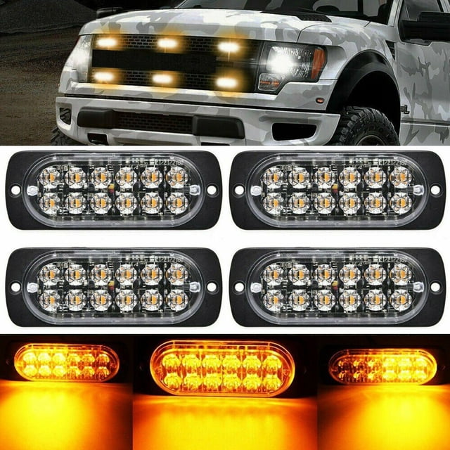 4-Pack 12V-24V 36W 12 COB LED Amber Emergency Strobe Lights with 18 Flash Modes, IP67 Waterproof, Aluminum Housing & Clear Lens, Front/Rear/Side Mount - Yellow 3000K Warning Light Bars with