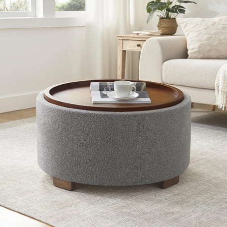 30 Inch Round Storage Ottoman Coffee Table, Modern Boucle Ottoman with Lift-Off Lid and Solid Wood Legs for Living Room, Bedroom, Corners, Apartments (Light Grey)