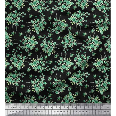 Soimoi Black polyester Crepe Fabric Leaves & Rose Floral Print Fabric by the Yard 42 Inch Wide