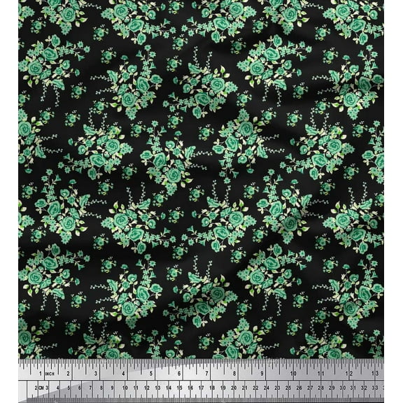 Soimoi Black Cotton Duck Fabric Leaves & Rose Floral Print Fabric by the Yard 42 Inch Wide