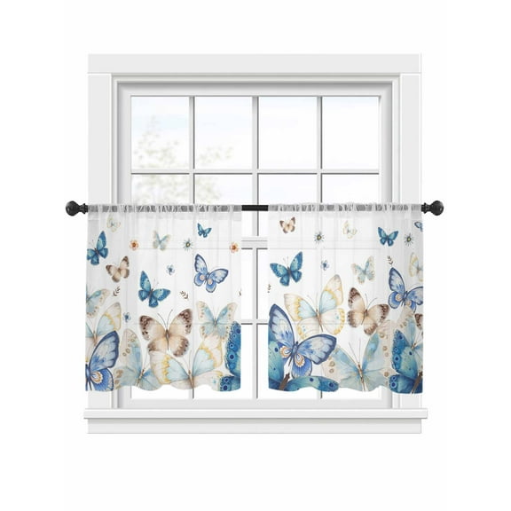 Blue Butterfly Sheer Curtains 54 Inch Long 2 Panels, Farmhouse Floral Light Filtering Rod Pocket Semi Sheer Curtains, Sheer Voile Drapes for Living Room Bedroom, 52"x54"