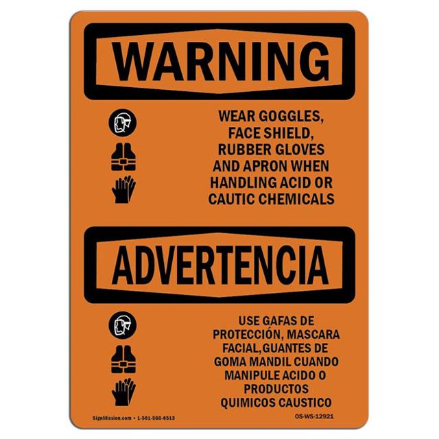 SignMission OS-WS-A-1218-L-12921 12 x 18 Po Signe d'Avertissement OSHA - Porter des Lunettes de Protection Gants Acide Bilingue