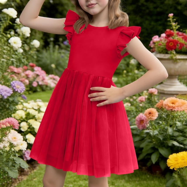 Vestido de princesa con volantes, cuello redondo y manga corta para niña, primavera y verano
