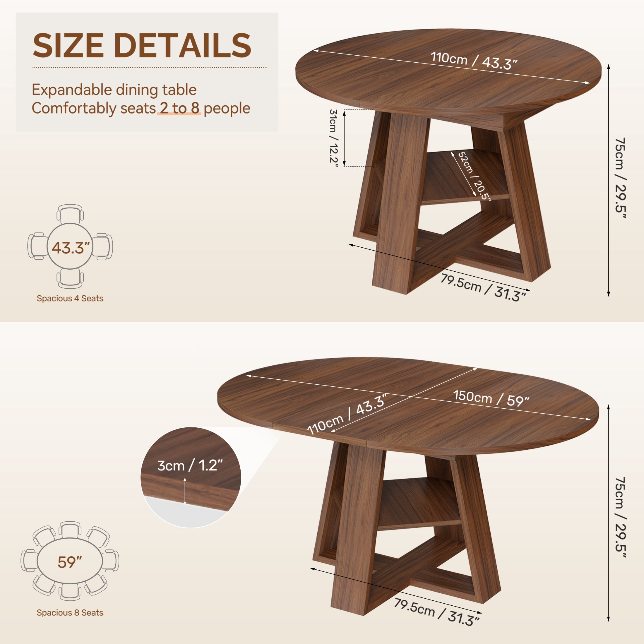 Hawsaiy 43.3-59 in Extendable Oval Dining Table for 4-6, Space-Saving Round Kitchen Table with Hidden Leaf Storage & Bottom Shelf for Small Space, Walnut