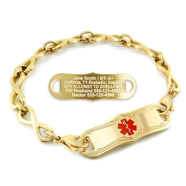 MedicEngraved Yellow Gold Stainless Steel Custom Medical Alert Bracelet - 6mm Infinity Link